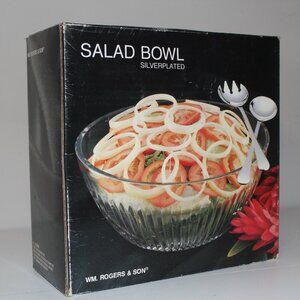 Vintage WM. Rogers Silver plated 3pc Serving Set Glass Salad Bow Rim & Servers